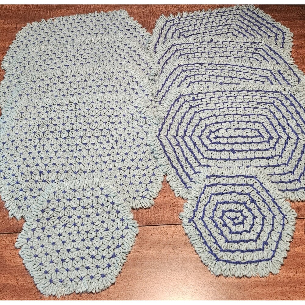 Handmade Crocheted Star 8 Placemats 2 Hot Pads Light Blue Cottage Core Kitchen